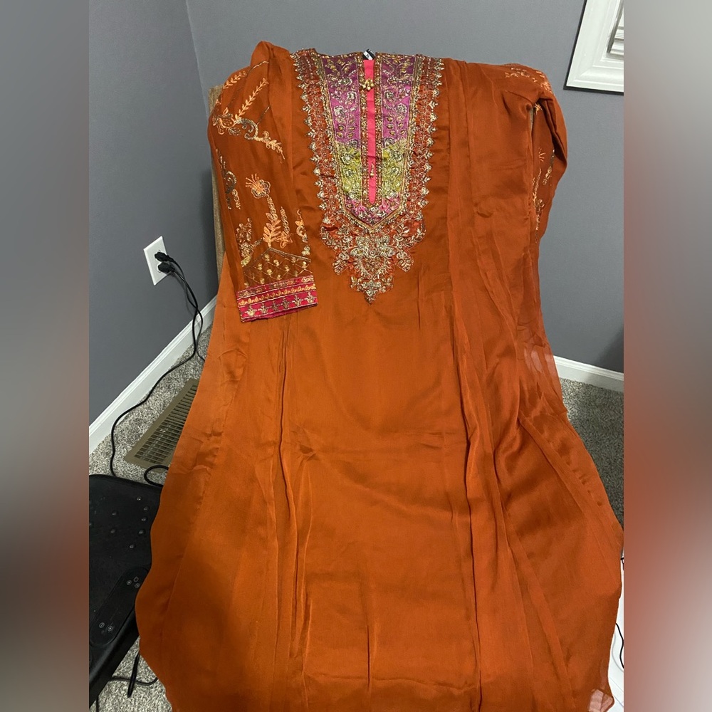 Embroidered Rust Traditional Dress Pakistani Maxi with dubatta and trousers